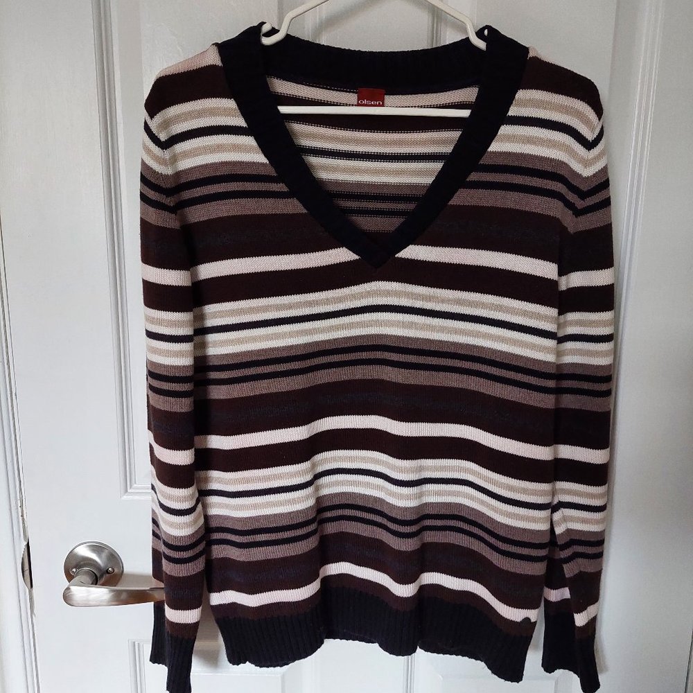 Olsen Cotton Blend Long Sleeve  Stripped V-Neck Sweater Women's Size 8